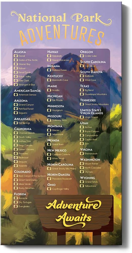 National Parks Bucket List Tracker - Gallery Wrapped - 10 inches x 20 inches - Pin Your National Park Travels - Canvas Wall Art