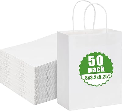 Moretoes 50pcs White Gift Bags 5.25x3.2x8 Inches Small Kraft Paper Bags with Handles Bulk, Retail Bags for Small Business, Shopping Bags, Birthday Wedding Party Favor Bags, Merchandise Bags