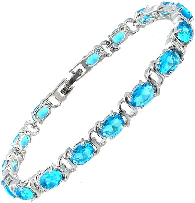 RIZILIA Oval Cut Multi-Color CZ 18K White Gold Plated Tennis Bracelet, 7"