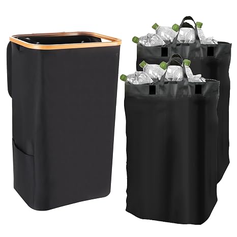 mumisuto Recycling Bin for Kitchen 27Gallon,105L Large Recycle Bin with Lid and 2 Removeable Reusable Inner Bags,Recycle Trash Can for Bottle Cans Glass Waste Plastice Stickers(Black)