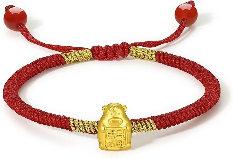 24K Gold Bracelet Chinese Zodiac Charm Bracelets Adjustable Red String Chain Lucky Link Good Luck Jewelry Snake Dragon Animal Beads Protection Braided Rope Stackable Bangle Unisex Gifts for Women Men