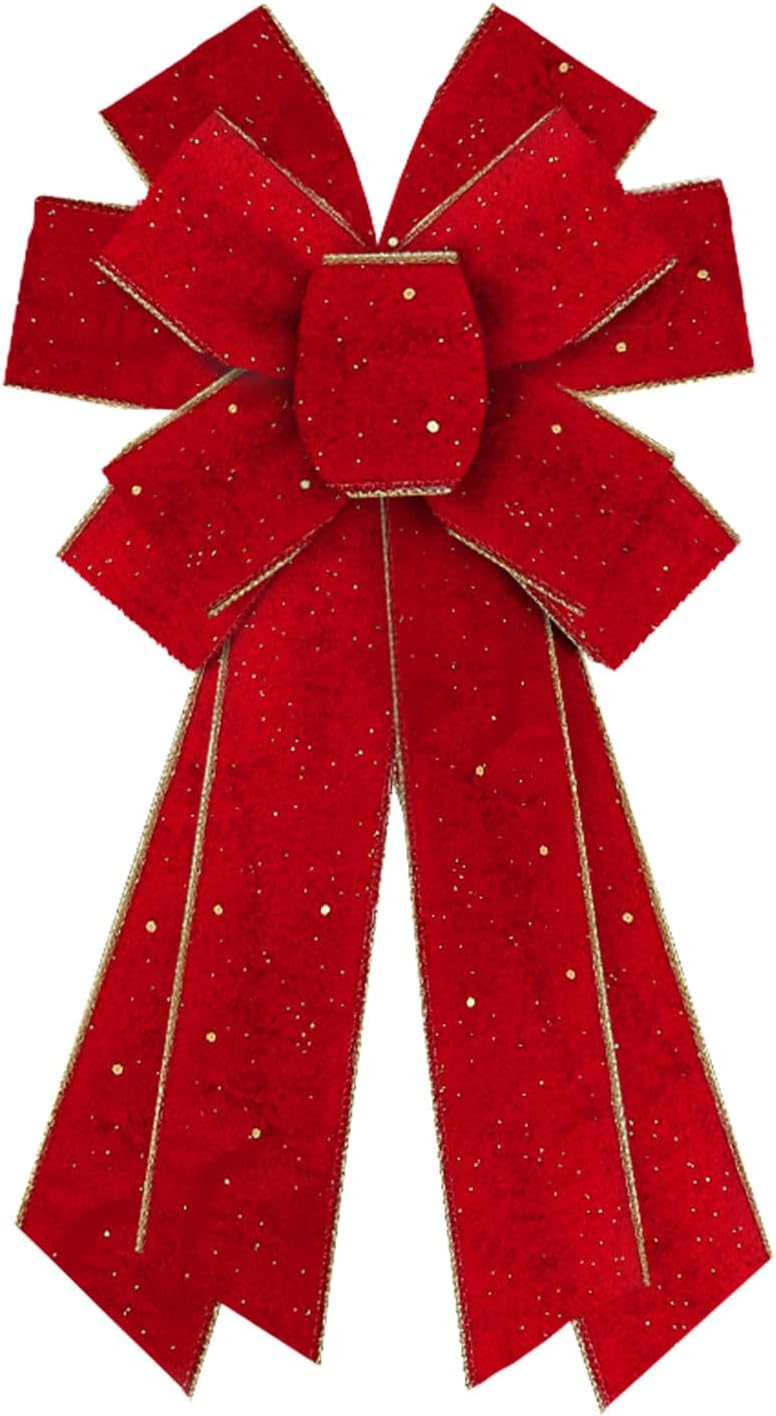 Large Christmas Bows for Wreath, Glitter Red Velvet Wreath Bow Xmas Holiday Tree Topper Bows Ornaments for Front Door New Year Christmas Party Decoration Supplies