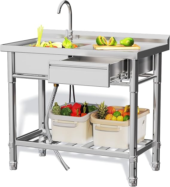 40x20 Inch Stainless Steel Utility Sink, Single Bowl w/Drawer