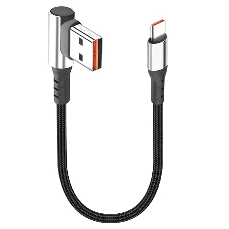 Short USB Type C Charging Cable Right Angle USB C Short Cable 6A Fast Charging Cord 90 Degree Type C Charger Cable for Car Cell Phone Tablet and Usb C Devices 9.8in(Right Angle USB A to C)