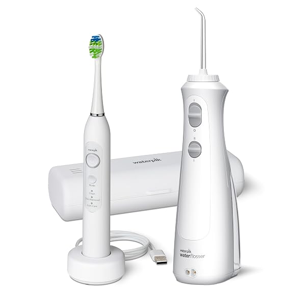 Waterpik Cordless Pearl and Sensonic Rechargeable Electric Toothbrush and Water Flosser Combo, Complete Dental Care for Teeth, Gums, Braces and Travel ADA Accepted, White