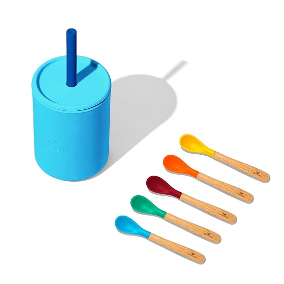 Avanchy 5oz Silicone Sippy Cup Blue Bamboo 5 Infant Spoons Blue