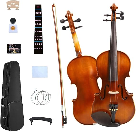 4/4 Full Size Violin Solid Wood Beginner Violin Set with Hard Case Bow Rosin Shoulder Rest Hand Carved Spruce Top Maple Back Ebony Fingerboard for Kids Adults Students