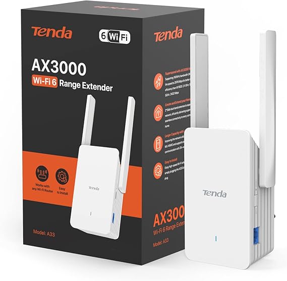 Tenda WiFi 6 AX3000Mbps WiFi Extender Booster, Dual Band WiFi Repeater/Booster, Gigabit Ethernet Port, Access Point, App Control, Easy Setup, UK Plug(A33)