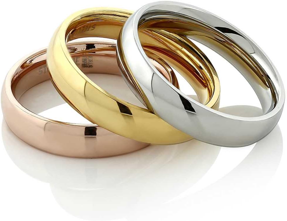 Gem Stone King Stainless Steel Rose Yellow Gold and Silver 3 Tri-Color Stacking Set of 3 Band Ring