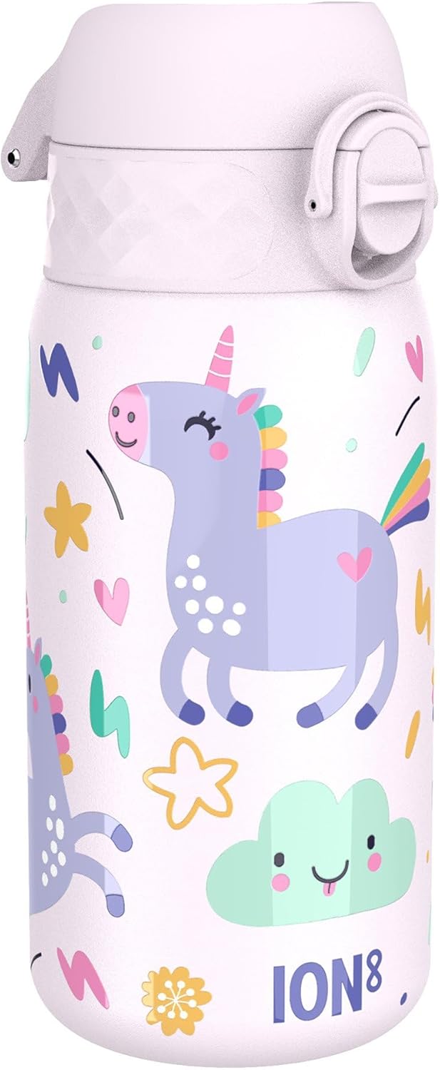 Ion8 Small Water Bottle, Leak Proof, Easy to Open, Secure Lock, Dishwasher Safe, Flip Cover, Carry Handle, Easy Clean, Durable, Water Bottle, Raised Print, Unicorns