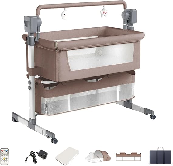 Electric Bluetooth Smart Next to Me Crib, Bassinet Cradle with Lullaby Music, Baby Bedside Crib for Newborn, Baby Co-sleeper Cot with Mattress, Remote and 5 Swaying Gears (601 Khaki)