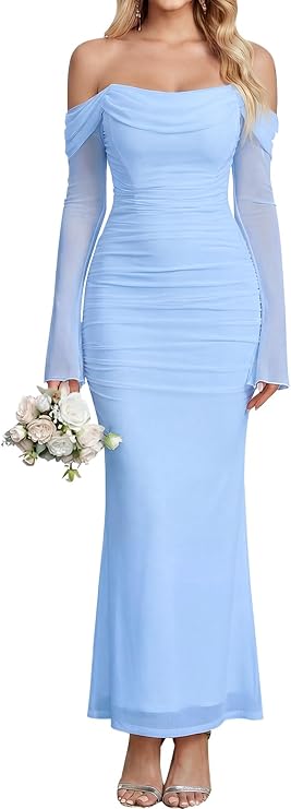 Colysmo Off Shoulder Long Sleeve Corset Formal Wedding Guest Maxi Dress | Stretch Mesh Bodycon Dress, 2 Support Bones, Anti-Slip Strips, Cocktail Party, Elegant Prom, Evening Gown