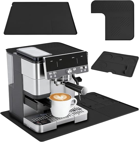 3-in-1 Silicone Coffee Maker Mat for Ninja Luxe Cafe ES601 & ES701: Top Mat + 24"x16" Coffee Bar Mat + Espresso Tamping Mat, Waterproof & Anti-Slip Base & Food-Grade Silicone Pads (Black)