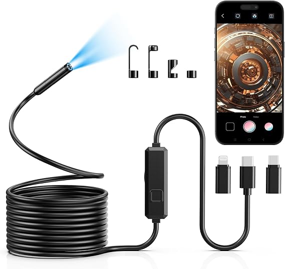 Endoscope Inspection Camera, 1920P HD Borescope with 8 LED Lights, 5M Semi-Rigid Snake Inspection camera, IP67 Waterproof Drain Pipe Borescope Mens Gadgets for iOS and Android