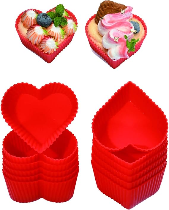 Silicone Baking Cups Cupcake Liners - Non-Stick Pastry Muffin Liner Molds,2.75 Inch Mini Cupcake Silicone Mold, Reusable Storage Container,Heart, 12 Pack
