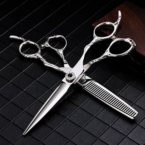 Hair Cutting Scissors, 6.0 Inch Professional Barber Shop 440C Hair Scissor 20-25% V-Tooth Thinning Scissors and Cutting Clipper Haircut Shears Set