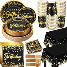 352 Pcs Black and Gold Party Dinnerware Set for 50 Guests Golden Dot Paper Plates Cups Napkins Plastic Tablecloths Forks Knives Spoons Black Gold Disposable Party Supplies for Birthday Decorations