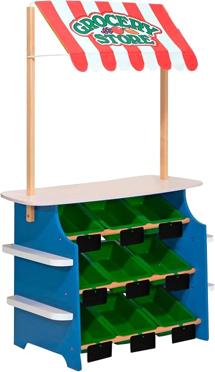 Melissa & Doug Wooden Grocery Store and Lemonade Stand - Reversible Awning, 9 Bins, Chalkboards
