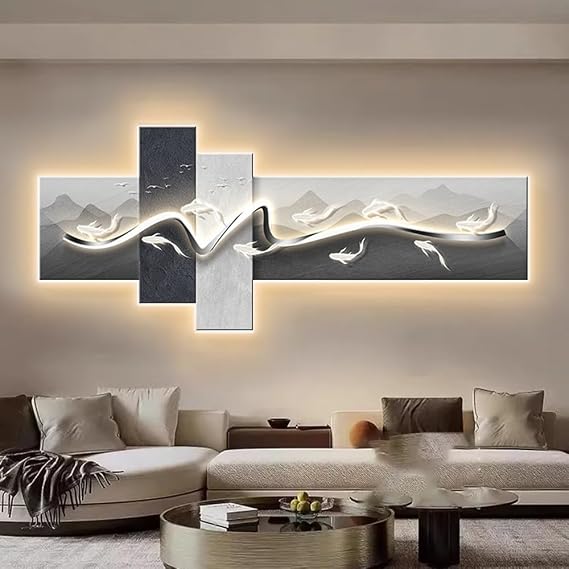 3D Wall Art with Light, Plug-in Power Supply LED Wall Hanging Mural, Relief Decorative Painting, Wall Sculptures for Living Room Entrance Corridor Office(F,47.2x19.6in/120x50cm)