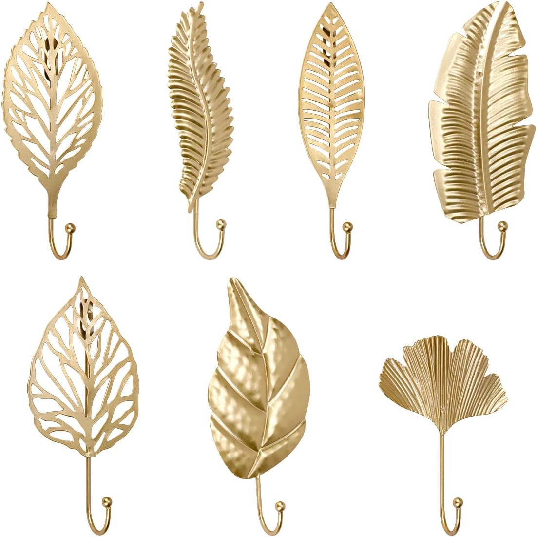 QUMENEY 7Pcs Leaves Iron Hooks 7 Style Wall Mounted Metal Coat Hooks Gold Leaves Decorative Hanging Wall Hooks Key Holder Coat Hanger for Entryway Bathroom Bedroom Farmhouse Decoration
