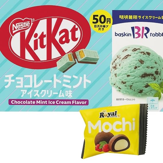 Baskin-Robbins Chocolate Mint Ice Cream Flavor, Limited Edition Japanese Candy 10pcs + 1 piece mochi tiramisu cream.