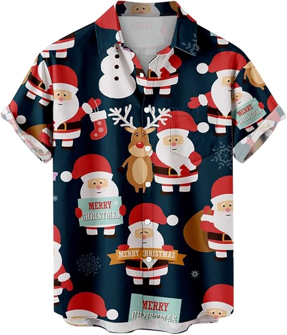 Funny Christmas Shirt for Men UK Sale Xmas Hawaiian Shirts 3D Print T Shirt Santa Claus T-Shirt Button Down Shirt Short Sleeve Tops Snowflakes Pullover Front-Pocket Lapel Shirt Cotton Tshirt