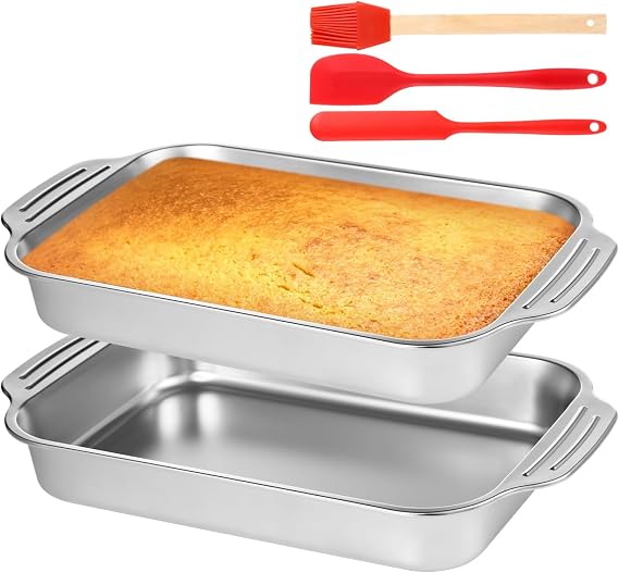2 Pcs Stainless Steel Cake Pans, 9x13 Rectangular Baking Pans with Silicone Brush & Spatula, Cake Baking Trays with Double Handle, Rectangle Baking Bakeware for Breads, Meats