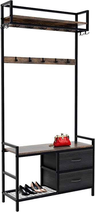 Hall Tree, 33.1 Wide Entryway Bench with Coat Rack freestanding &2 Movable Drawers, 5 in 1 Intelligent Design Shoe Bench and Wall Rack 23 Hooks and Drawers