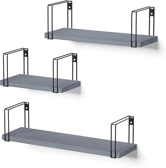 SRIWATANA Rustic Wooden Wall Shelves Set of 3 | Floating Display Shelving with Black Metal Brackets for Lounge, Bedroom, Bathroom & Kitchen, Weathered Grey