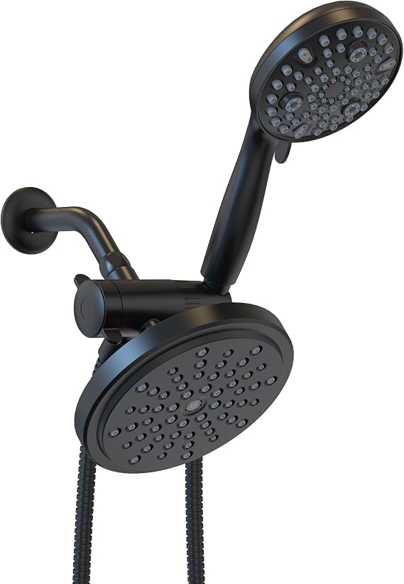 7" Rain Shower with Handheld Combo with 5-ft Shower Hose - 10-Spray Settings, Brass Connectors, Pause + Clean Jet (Matte Black)