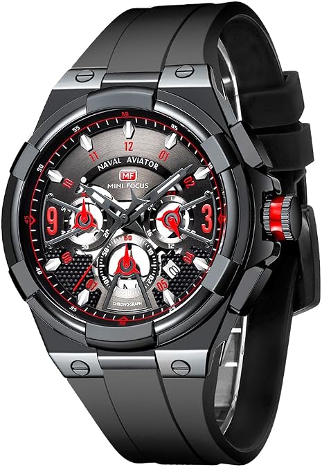 MF MINI FOCUS Mens Watches Unique Hollow Casual Wrist Watch (Chronograph/Waterproof/Luminous/Calendar/24 Hour) Silicon Band Fashion Watch for Men