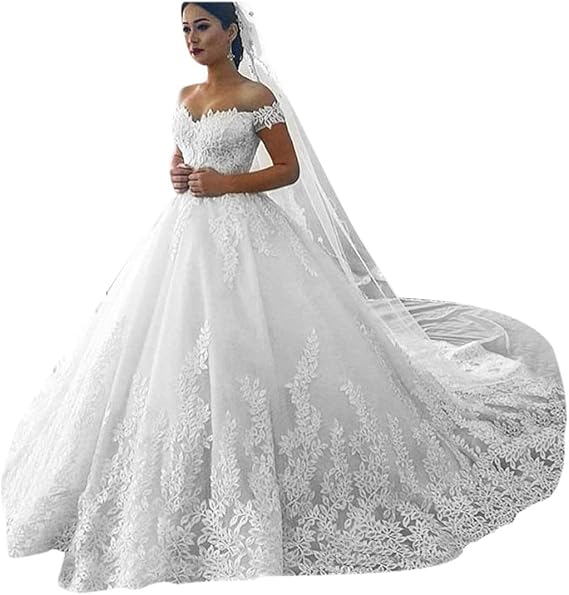 Princess Women's Off Shoulder Lace Wedding Dresses for Bride 2020 Wedding Gowns Court Train Bridal Gowns White 10