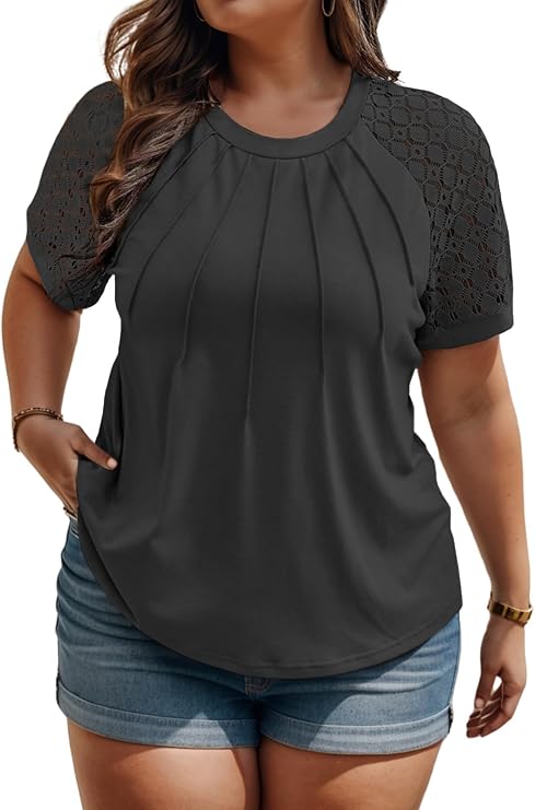 ROSRISS Plus-Size Tops for Women Summer Reglan Shirts Lace Short Sleeve Tunics XL-5XL
