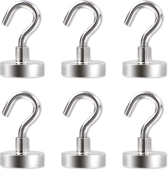 Magnetic Hooks, 25Lbs Rare Earth Magnets, Magnetic Hooks Heavy Duty, Strong Magnet with Hook for Cruise, Grill, Towel, Indoor Hanging, Home, Kitchen, Workplace, Office and Garage, Silver-6 Pack