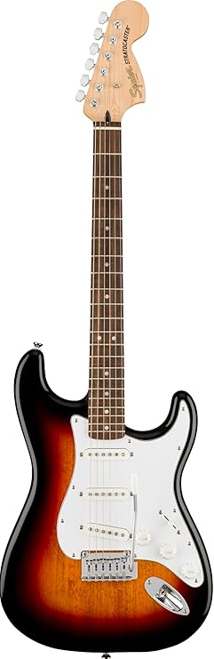 Squier Affinity Series Stratocaster Electric Guitar, 3-Color Sunburst | Ideal starter electric guitar, Fender-designed pickups, laurel fingerboard, under $300, sunburst