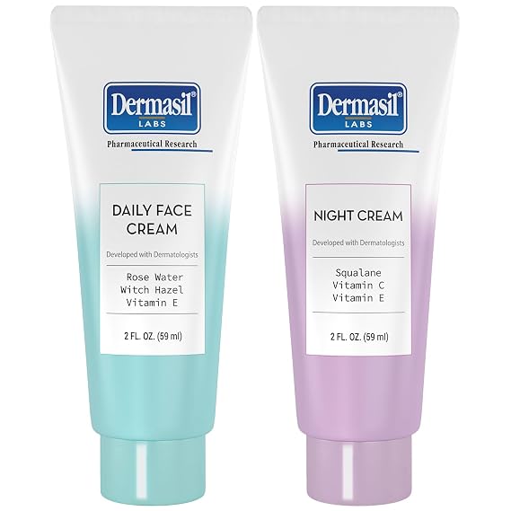 Dermasil Face Moisturizer Variety 2-Pack Daily Face Cream with Witch Hazel and Rose Water + Night Cream with Vitamin C and Squalane, 2 Oz Ea
