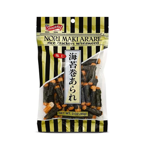 Shirakiku Japanese Nori Maki Arare Rice Crackers with Seaweed | Glutinous Rice, Soy Sauce, Wheat, and Seaweed | Crispy and Savory Cracker Snacks, Seaweed Flavor, 3 Oz - (Pack of 1)