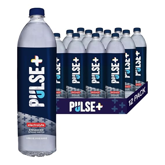 Pulse+ Electrolyte Water - Naturally Filtered Spring Water in 1 Liter PET Plastic Bottles, Recyclable and BPA-Free - Case of 24