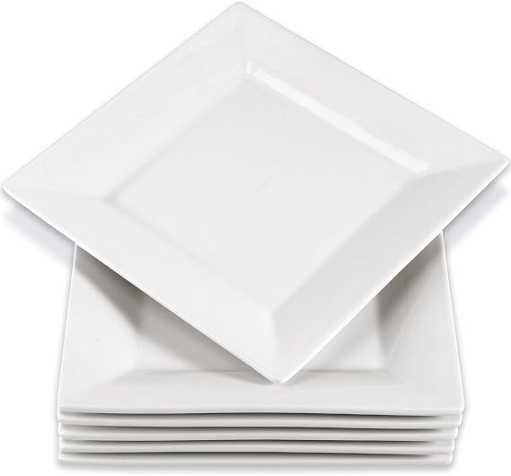 6 PCS Porcelain Square Dessert Plates, 8 Inch White Square Plates, Square Dinner Plates for Salad Steak Pasta, Square Serving Plates for Appetizer Dessert, Microwave and Dishwasher Safe