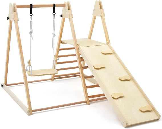 GLACER Indoor Jungle Gym, Large 5-in-1 Wooden Playground Climbing Toys w/Sided Slide, Baby Swing& Ladder, Foldable Montessori Philosophy Waldorf Play Gym for Toddlers