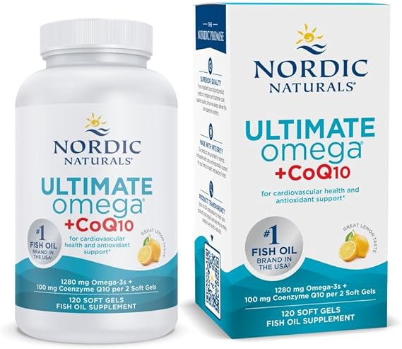 Nordic Naturals Ultimate Omega  CoQ10, Lemon - 120 Soft Gels - 1280 mg Omega-3  100 mg CoQ10 - Heart Health, Cellular Energy, Antioxidant Support - Non-GMO - 60 Servings