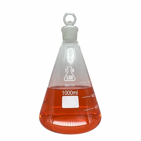 TN LAB 1L Erlenmeyer Flask Borosilicate 3.3 Glass 1000ml with 24/25 Jointed Glass Stopper