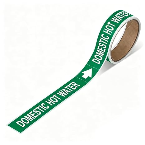 1 Roll Domestic Hot Water Labels,Green | 1" Height x 8" Width, Pipe Lables, Economy Pipe Markers, Self-Sticking, Plastic Film
