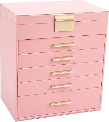 BOOVO Jewelry Box with Necklace Hanger 6 layer Jewelry Organizer for Women with 5 Drawers, Large Jewelry Storage Boxes Jewelry Organizers and Storage for Earrings, Necklaces Pink, 6 layer