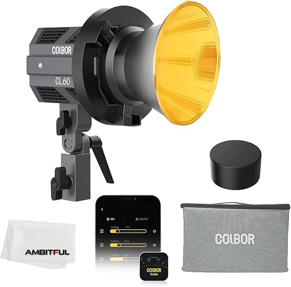 COLBOR CL60 LED Light, 2700-6500K Bi-Color LED Light, 65W Video Light, Max 80W, CRI 97, 50673Lux, 10 FX Effects, 46 Simulation Scenarios, with V Mount Battery Plate