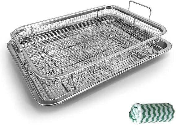 Air Fryer Stainless Steel Basket for Oven, Stainless Steel Crisper Tray and Pan Tray & Grease Catcher | Even Cooking | Non-Stick | Healthy Cooking Air Fry Mesh Basket Set for Fries/Bacon Rack