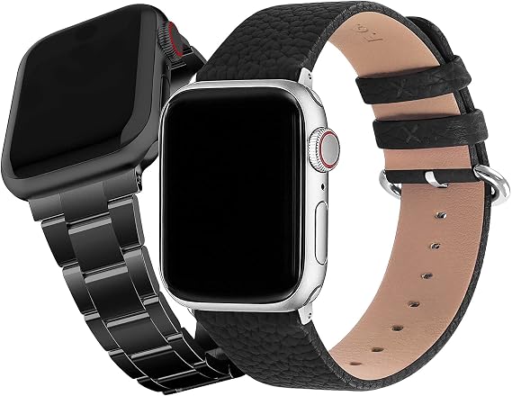 Fullmosa Compatible Leather Apple Watch Band 38mm 40mm 41mm Black & Compatible Upgraded Version Stainless Steel Apple Watch Band with case 38mm 40mm 41mm Black