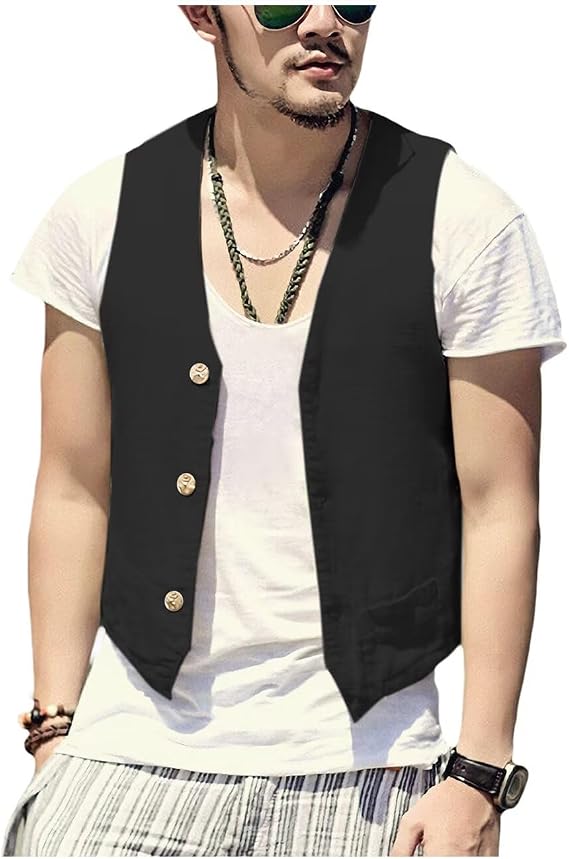 Men's Linen Vest Casual Business Lightweight Waistcoat Slim Fit Suit Vest