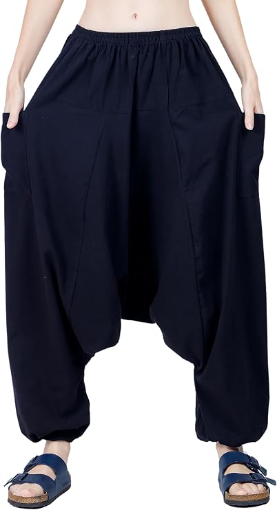 Women's Cotton Harem Pants with Pockets - Casual Elastic Waist Boho Pants, Soft Comfortable Travel & Daily Wear