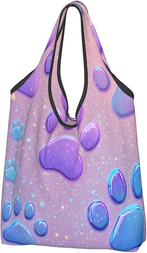 Reusable Shopping Bags Purple Jelly Dog Paw Print Grocery Bag Foldable Lightweight Beach Bag